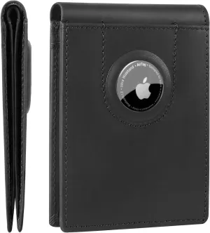 ALLIVE Airtag Wallet for Men - Genuine Leather Mens Wallet RFID Blocking Slim Billfold with Built-in AirTag Holder, 8 Card Slots, Minimalist Front Pocket with Gift Box(Crazy Horse Black)