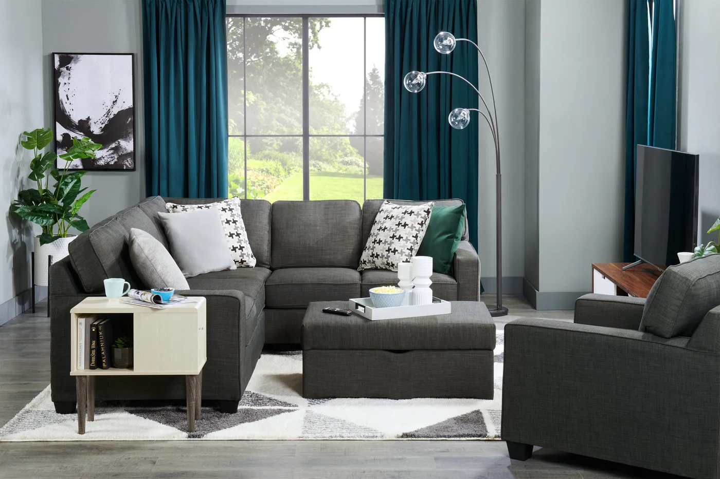 Ballenas 2-Piece Linen-Look Fabric Sectional - Charcoal Grey