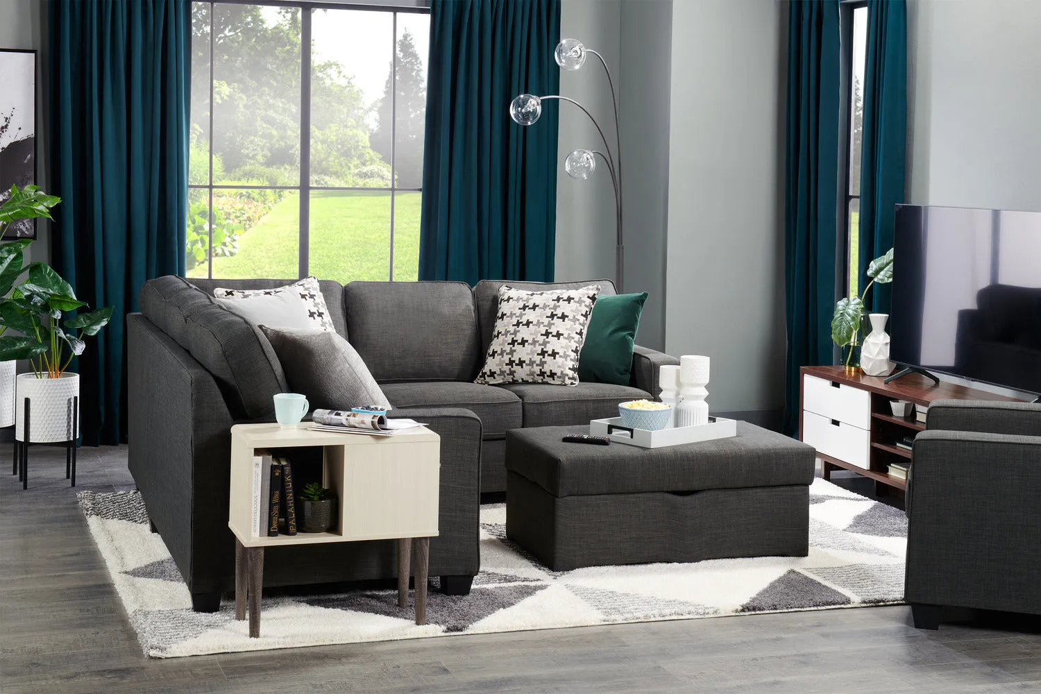 Ballenas 2-Piece Linen-Look Fabric Sectional - Charcoal Grey