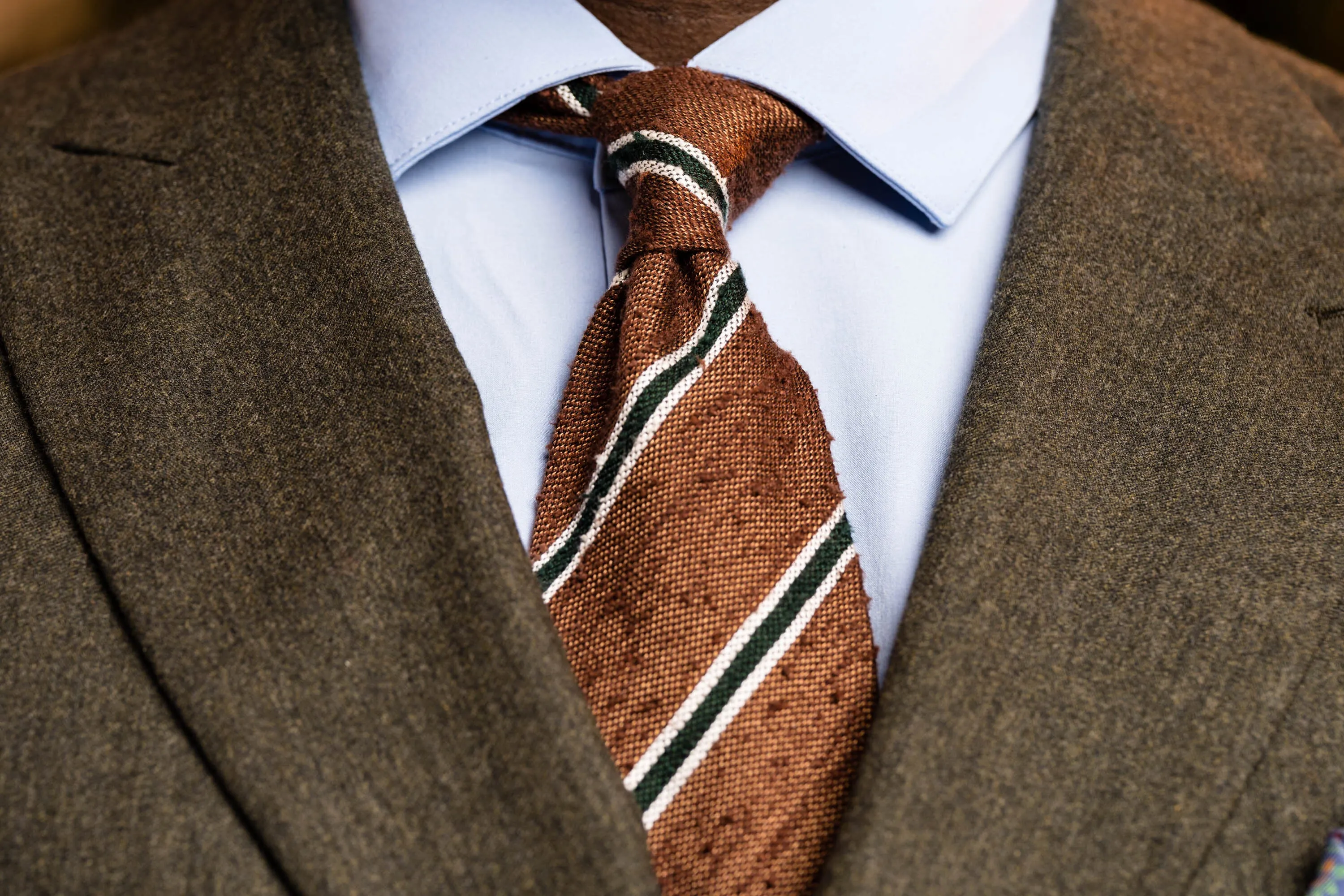 Brown & Green Striped Shantung Silk Tie