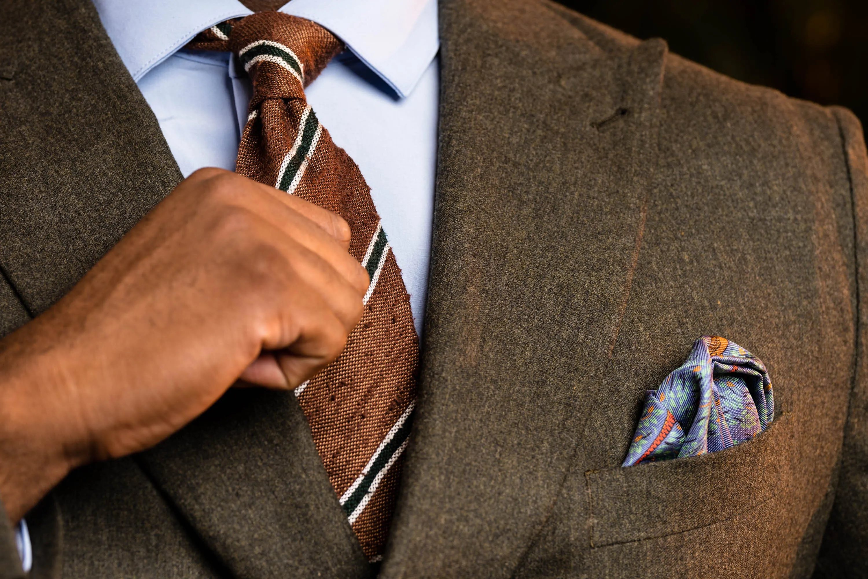 Brown & Green Striped Shantung Silk Tie
