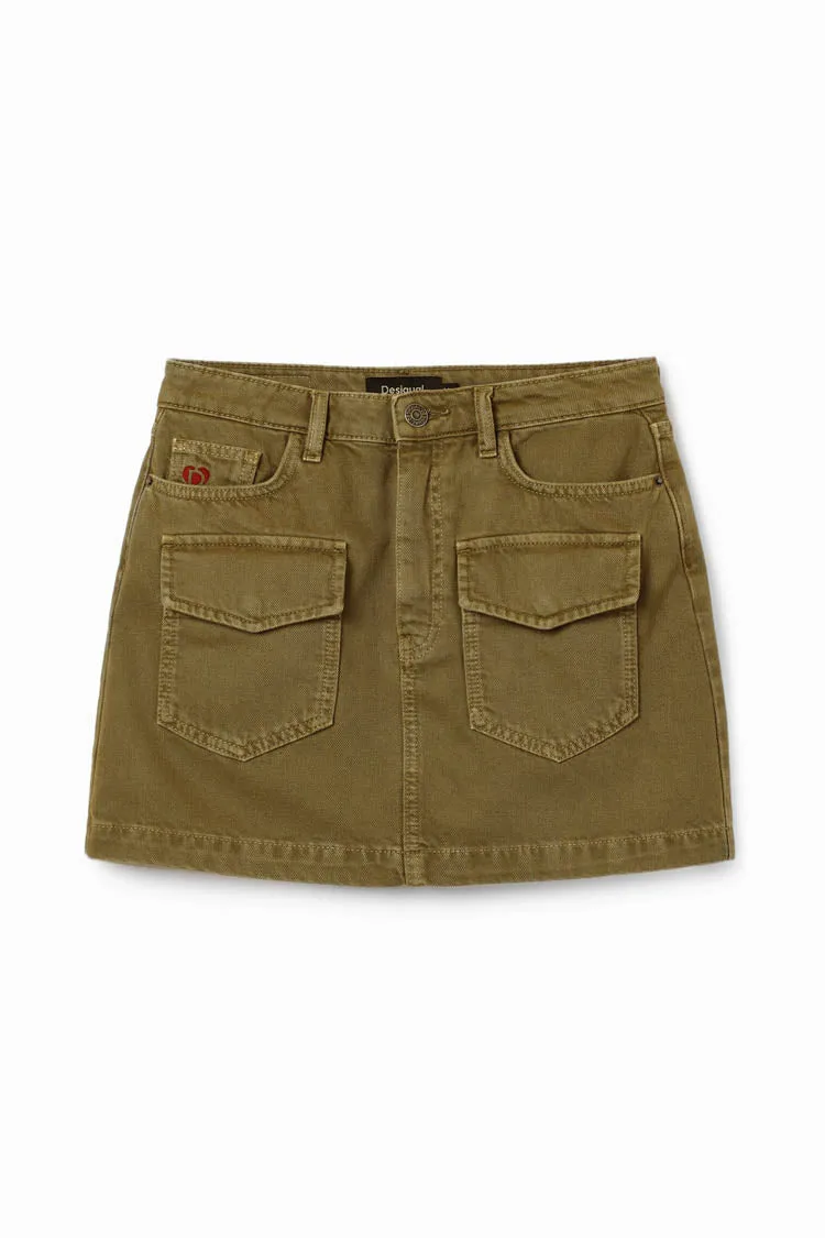 Denim Pockets Mini Skirt in Khaki