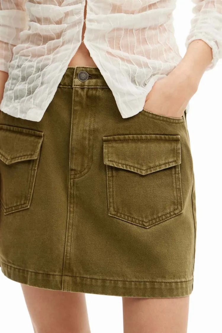 Denim Pockets Mini Skirt in Khaki