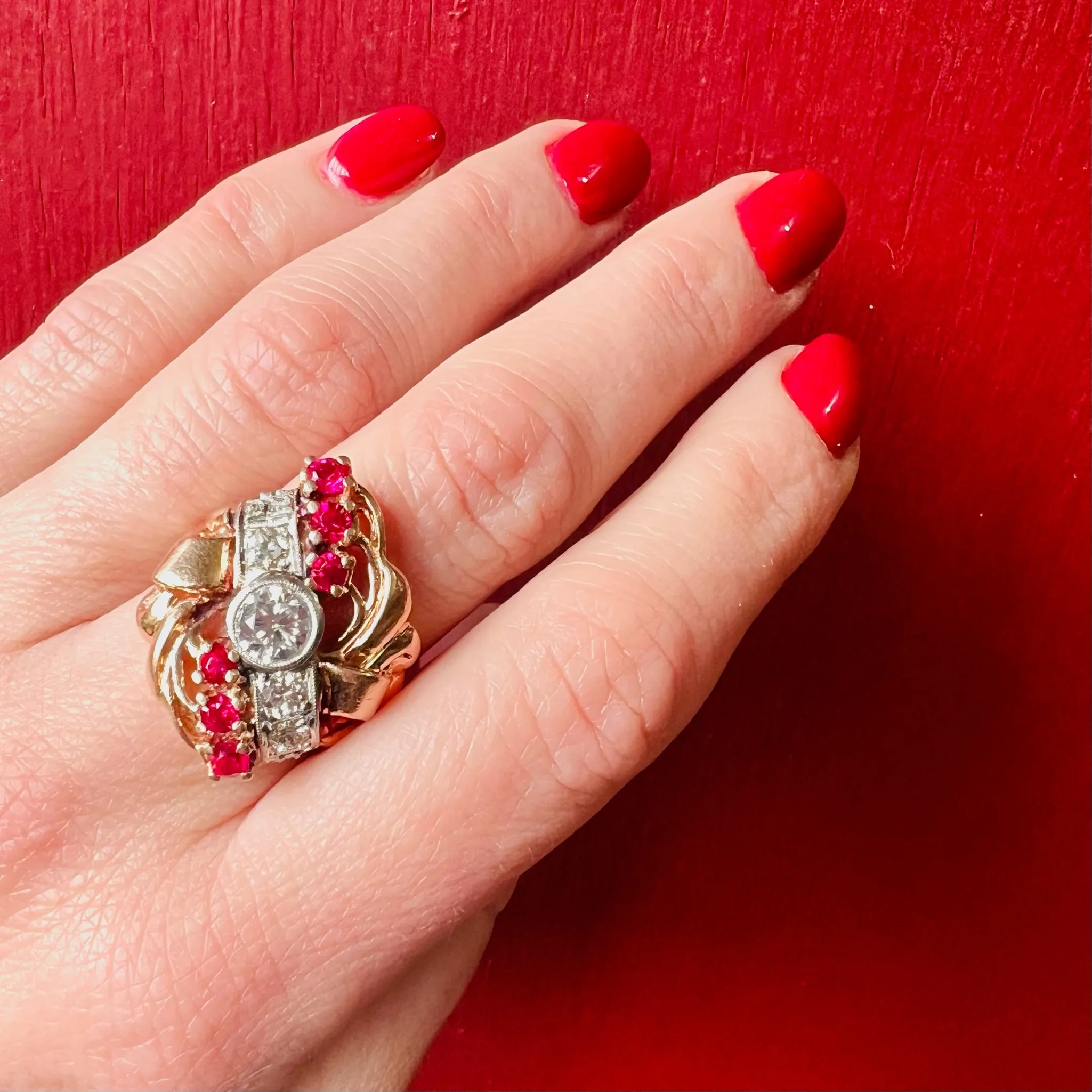 Exuberant Retro Statement Ring with Diamonds & Rubies