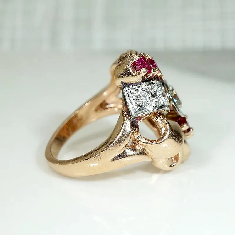 Exuberant Retro Statement Ring with Diamonds & Rubies