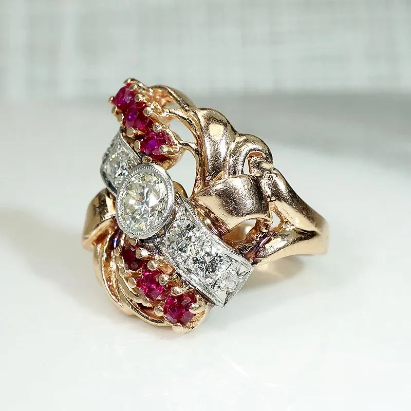 Exuberant Retro Statement Ring with Diamonds & Rubies