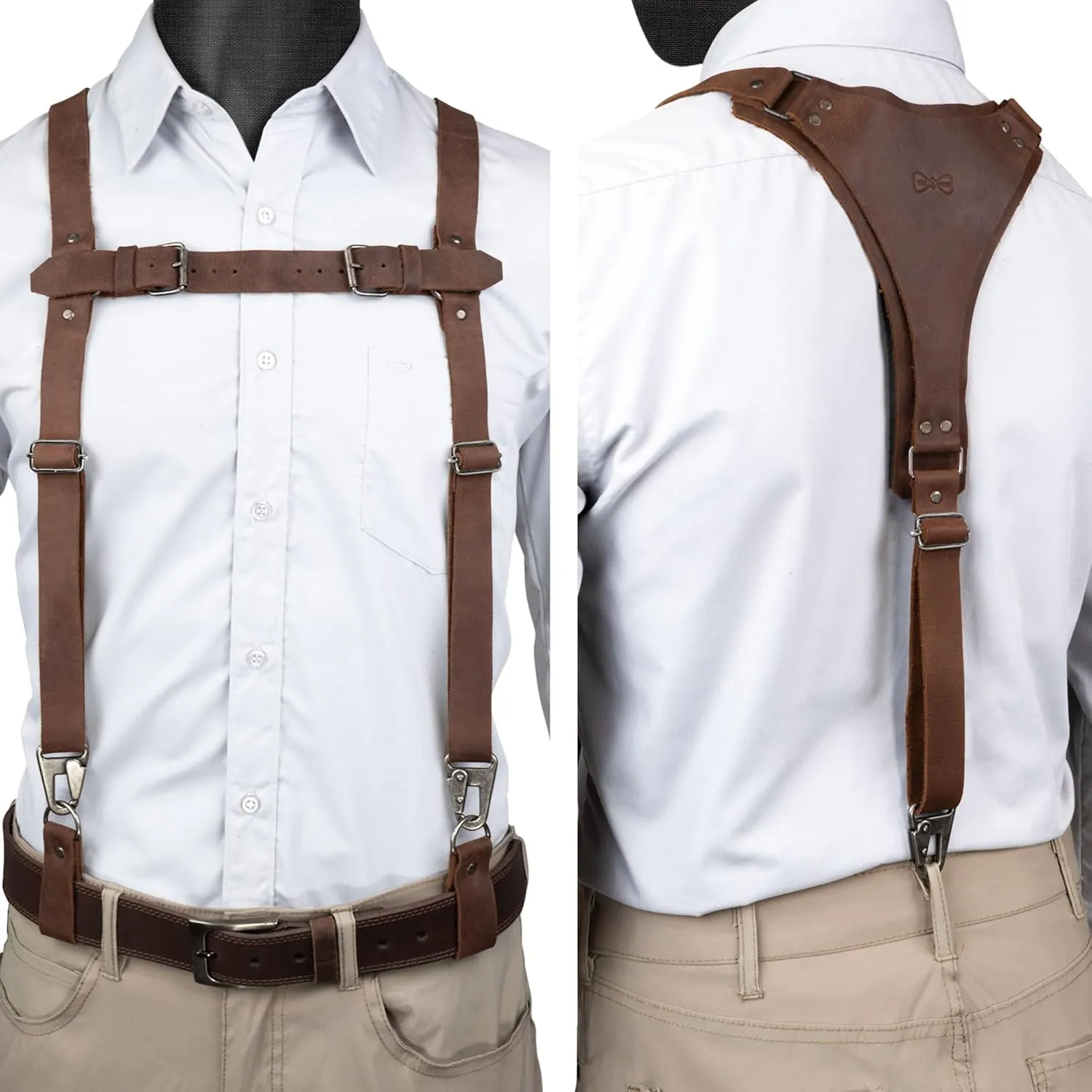 Hide & Groom, Y Back Suspenders with Adjustable Size Straps for Men, Wedding, Steampunk Harness, Full Grain Leather, Handmade