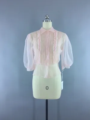 Vintage 1950s Peplum Blouse / Pastel Pink Sheer Nylon